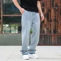 Classic men's loose straight-leg light blue denim jeans with unique frayed raw hem detail - 38 / Light Blue Raw Hem Style (1690-1)