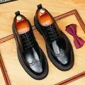 Scarpe Derby brogue classiche in pelle nera lucida con suola spessa per uomo elegante - 37 / Nero