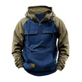 Detailed view of a navy and olive color-block hooded sweatshirt with functional pockets - S / Tops / Blue