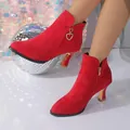Detail of red suede pointed-toe ankle boots with decorative heart charm - 38 / Single Lining with Heart Rhinestone / Red