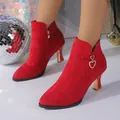 Close-up of red suede pointed-toe ankle boots featuring a gold heel and heart charm - 38 / Padded Lining with Heart Rhinestone / Red