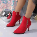 Elegant red pointed toe stiletto ankle boots with side zipper and suede finish. - 38 / Padded Lining with Unique Stiletto Heel / Red