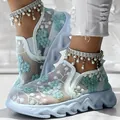Detailed view of breathable mesh sneakers with elegant teal floral embroidery and platform soles - 37 / Green