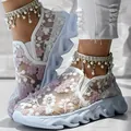 Close-up of white mesh loafers with pink floral embroidery and wavy platform soles - 37 / Pink