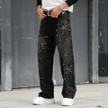 Loose straight-leg black jeans for men with intricate rhinestone firework patterns - S / Bottoms / Black and Gray