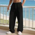 Pantaloni larghi in lino nero da uomo con coulisse in vita e pratiche tasche laterali - Nero