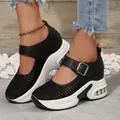 Breathable black mesh platform Mary Jane sneakers with thick white soles for women - Black