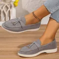 Comfortable grey suede flat loafers for women featuring soft soles and stylish tassel rings - Dark Gray