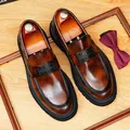 Premium brown glossy genuine leather loafers for men with stylish thick black soles - 37 / Burnished Brown