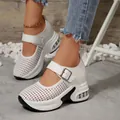 Breathable white platform sandals with buckle strap and stylish hollowed-out mesh design - White