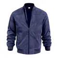 Vue détaillée de face d'une veste de bomber en daim bleu marine pour homme avec zip. - S / Hauts / Bleu Marine