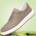 Breathable khaki men's top grain cowhide leisure sneakers featuring white sole for autumn - 37 / Perforated Style (66886) / Gray