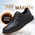 Men's premium black cowhide leather casual sneakers featuring thick warm wool lining - 37 / Black Plus Velvet (66708)