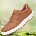 Men's brown genuine leather casual sneakers with breathable perforated side design - 37 / Perforated Style (66886) / Brown