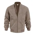 Vue de face détaillée d'un blouson aviateur en daim pour homme avec fermeture éclair - S / Hauts / Marron