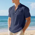 Camiseta Henley de lino azul marino para hombre con cuello mao y bolsillo, casual - Azul Marino