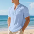 Camiseta Henley de lino para hombre azul claro con cuello mao y bolsillo en el pecho - Azul claro