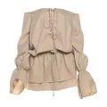 Elegant beige off-the-shoulder dress with lace-up front and flared bell sleeves - S / Dresses / Khaki