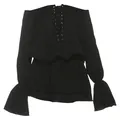 Elegant black off-the-shoulder dress featuring bell sleeves and a front lace-up detail design. - S / Dresses / Black