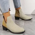 Botines western de ante para mujer con punta fina, cremallera lateral y tacón ancho - 35 / Botines Western Bordados (908) / Beige