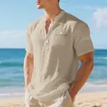 Camiseta Henley de lino para hombre en color beige con cuello mao y bolsillo - Caqui Claro