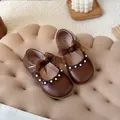 Elegante braune Prinzessinnenschuhe für Mädchen mit großer Schleife und Perlenakzenten - Größe 23 (Innen 14cm) / Dunkelbraun