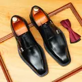 Classic black double buckle monk strap leather shoes with square toe and blue stitching - 38 / Black (Blue Edge)