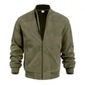 Men's minimalist olive green faux suede bomber jacket featuring a stand collar and full zipper - S / Tops / Army Green