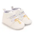 Detailed view of white faux leather baby christening shoes with golden cross embroidery - White (Gold Embroidery)
