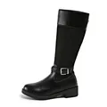 Elegant black patchwork denim knee-high riding boots with silver buckle strap for women - 35 / Black