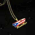 Primer plano del collar con colgante de bandera de Puerto Rico sobre fondo negro liso - Estilo de Bandera de Mapa (con Patrón de Rana) / Dorado