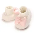 Soft white fleece baby shoes with oversized pink satin bow for girls 0-1 year old - Insole Length 11cm / White