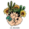 Sunflower and cactus DIY heat transfer sticker, 13.8x15cm artistic floral ironing decal for shirts - Bohemian Hand Holding Sunflower Bouquet (AT1673)