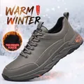 Durable grey men's leather sneakers featuring warm thick fleece lining and thick sole - 38 / Fleece Lined Style / Gray