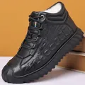 Men's winter high-top black leather boots with warm wool lining and crocodile pattern - 38 / Black