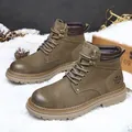 Bottes Martin en cuir marron rétro pour hommes avec doublure chaude et semelle épaisse - 37 / Doublé Polaire (7279) / Kaki