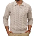 Elegant men's beige cable knit polo sweater with long sleeves and classic twist pattern - M / Tops / Khaki