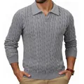 Classic men's grey cable-knit long-sleeved sweater with a stylish Polo-neck collar - M / Tops / Gray