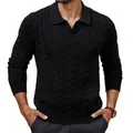 Elegant black cable-knit polo sweater for men featuring a classic V-neck and long sleeves - M / Tops / Black