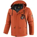 Professional men's orange winter hooded jacket with multiple utility pockets and patches - XS / Tops / Brick Red