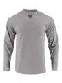 Men's grey corduroy long sleeve crew neck shirt with decorative leather triangular patch - S / Tops / Gray