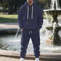 Detailed macro view of navy blue men's heavyweight fleece tracksuit with cargo pockets - S / Top And Bottom / Navy Blue