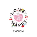 Colorful heart-shaped heat transfer sticker for clothing with LOVE IS HAPPY graphic text - AT0393