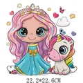 Heat transfer patch featuring cartoon princess and unicorn design, 22.2x22.6cm size - Crown Girl And Unicorn (DH0938) / 22.2x22.6CM