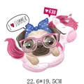 Adorable cartoon pug on unicorn floaty heat transfer sticker for clothing, 22.6x19.5cm - 22.6x19.5cm