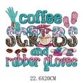 Professional medical nurse themed heat transfer sticker for clothing, size 22.6x20cm - Coffee Scrubs and Rubber Gloves (DH1793) / 22.6x20cm
