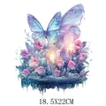 Watercolor butterfly and roses heat transfer sticker for clothing, 18.5X22CM size - 18.5x22cm / Blue Butterfly Flower (DS0302)