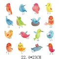 Detailed macro view of sixteen colorful cartoon bird heat transfer patches for clothing - 16 Cartoon Bird Styles (DH0536) / 16 Pcs