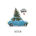 Transfert thermique voiture de Noël avec texte Let it snow, écusson de taille 8x7cm - Voiture Rétro Bleue Sapin de Noël (AT1426)