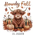 Parche térmico de vaca Highland y calabaza 'Howdy Fall' para ropa DIY, 21,2x22 cm - Estilo Vaca de las Highlands Howdy Fall (DS0646)